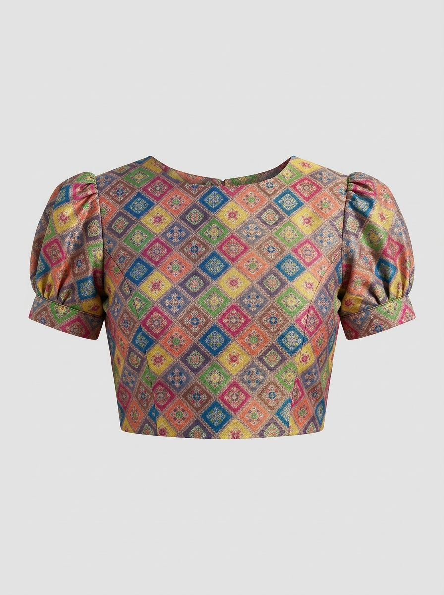 Front view of a vibrant raw silk saree blouse featuring a geometric diamond pattern, high neckline, and short puffed sleeves.