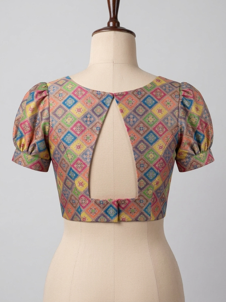 Back view of the raw silk saree blouse on a mannequin showcasing a dramatic triangular open back cutout with hook closure.