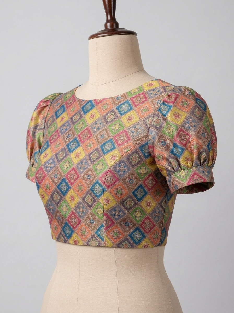 Three-quarter side angle of the multicolour geometric raw silk saree blouse highlighting the structured puffed sleeve cuff.