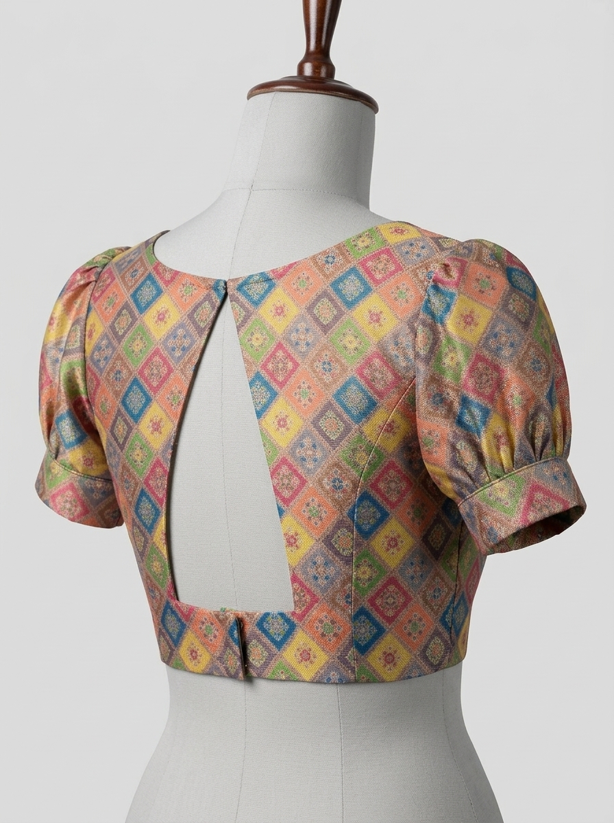 Rear side angle showing the precise fit and elegant cutout design of the raw silk open back saree blouse.