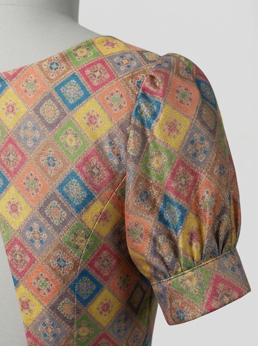 Close-up detail of the woven raw silk fabric showing rich geometric diamond print motifs and sleeve cuff construction.