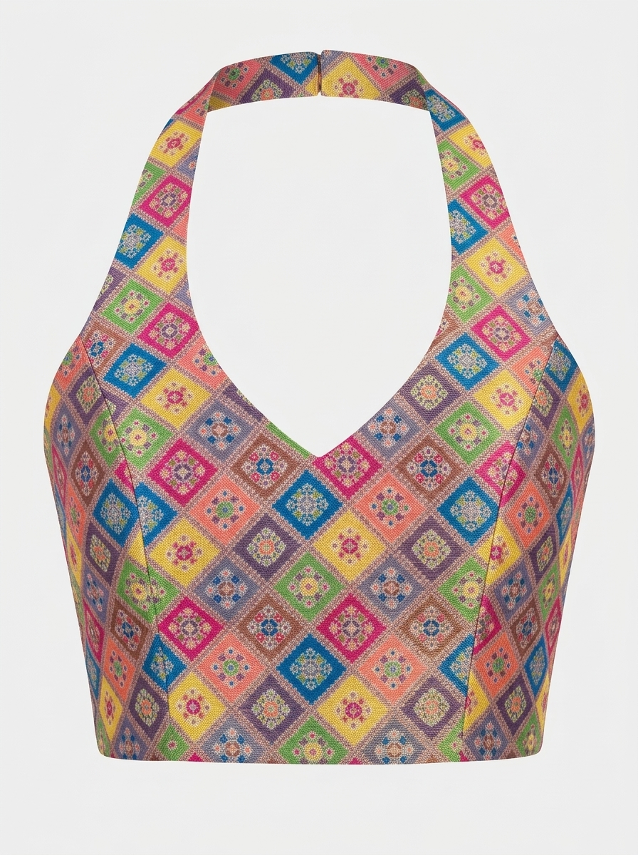 Front view of multi-colour geometric woven halter neck saree blouse featuring sweetheart neckline and princess seams