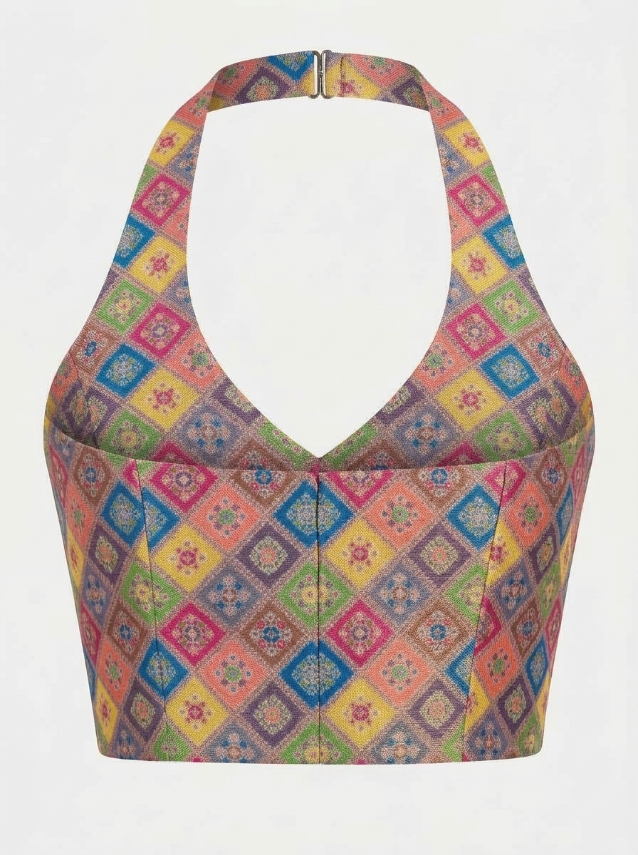 Back view of multi-colour halter neck saree blouse showing open back cut and neck hook closure