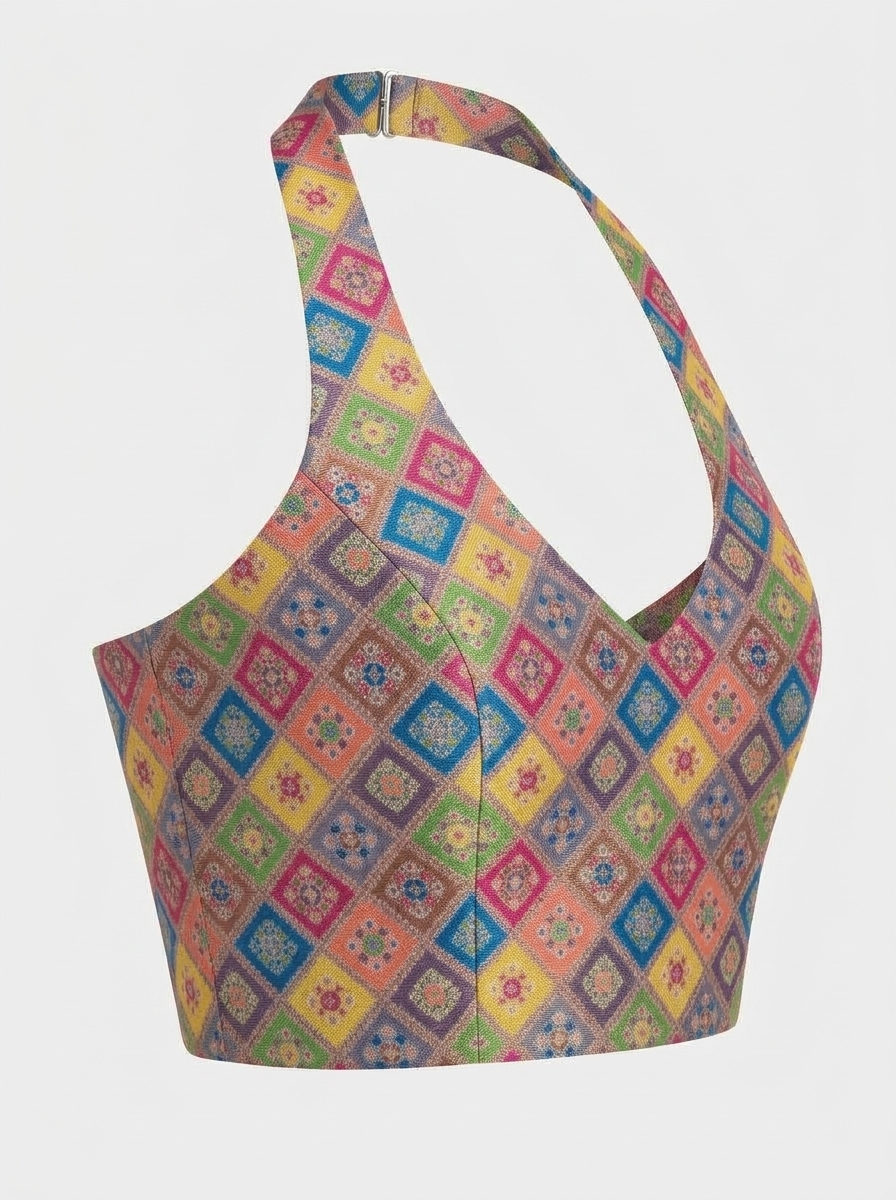 Right side profile view of geometric patterned halter neck blouse showcasing tailored fit and seam structure