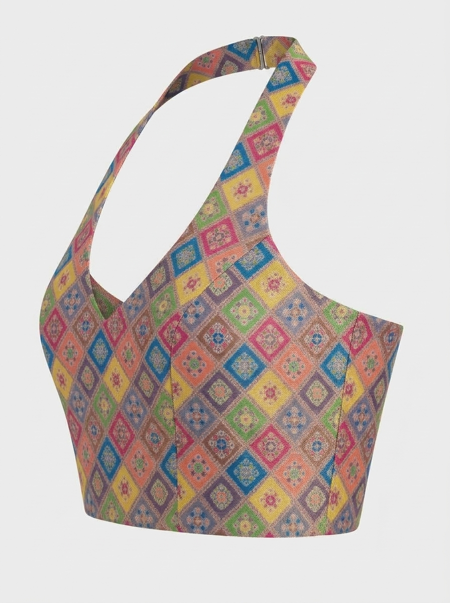 Left side profile view of colourful woven saree blouse showing halter armhole contour