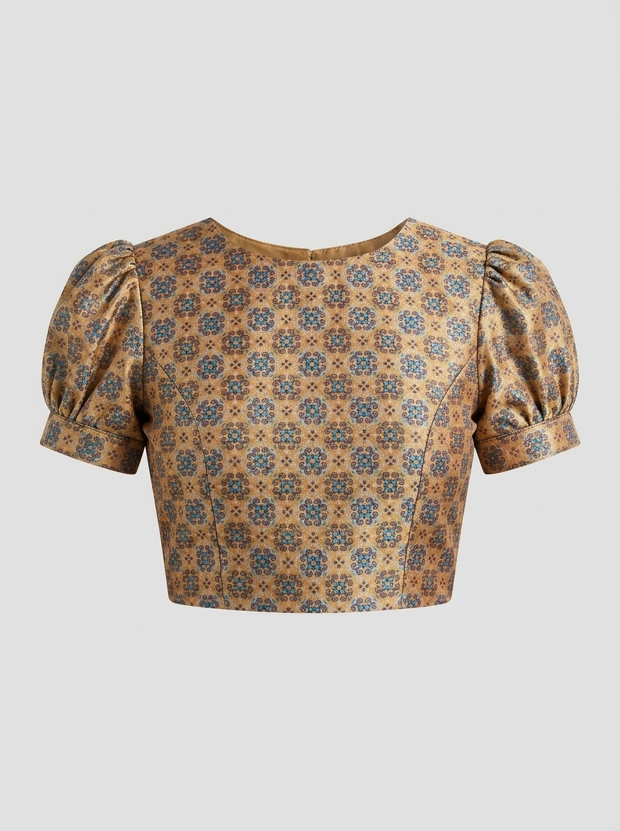 Front view of ochre floral brocade saree blouse with high neck and puffed short sleeves