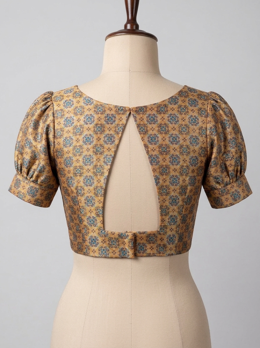 Back view of gold woven saree blouse displaying triangular open back cut-out on dress mannequin