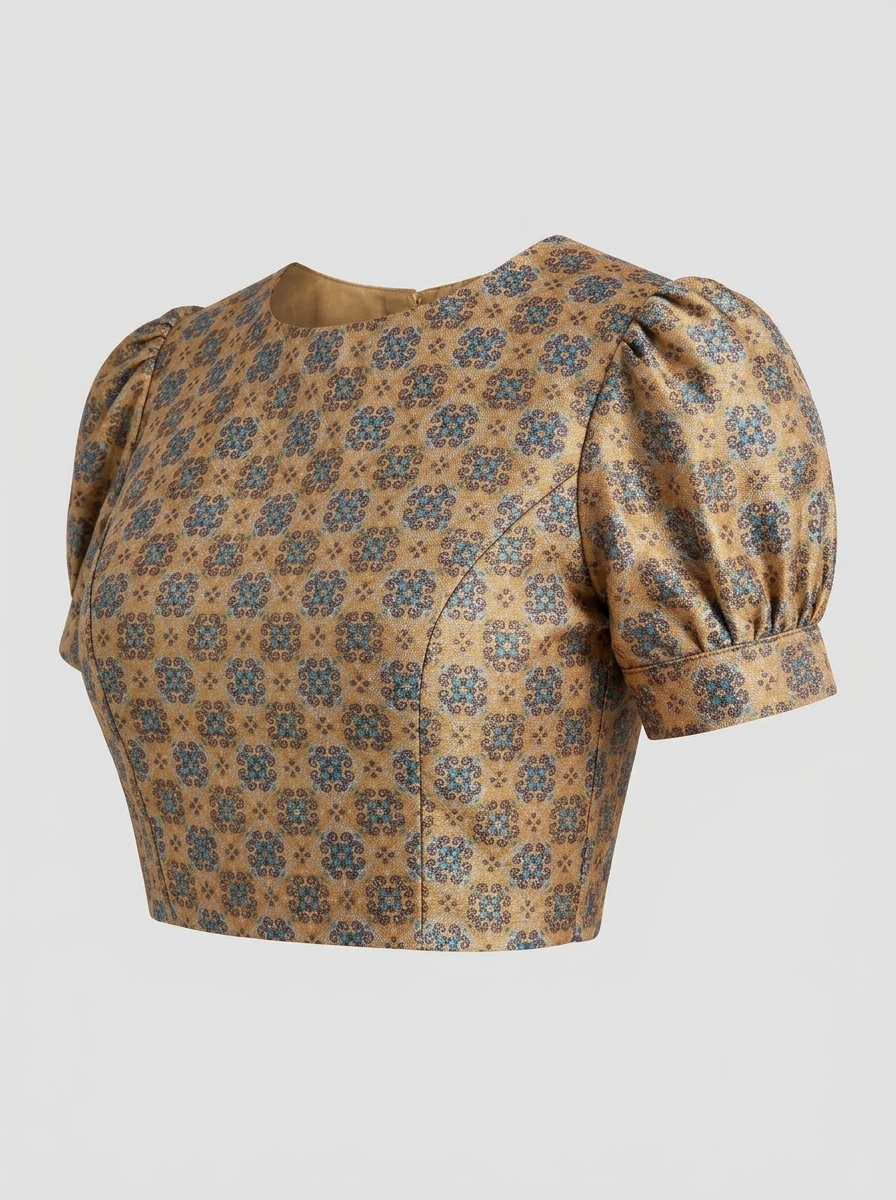 Three-quarter angle of structured ochre brocade puffed sleeve saree blouse