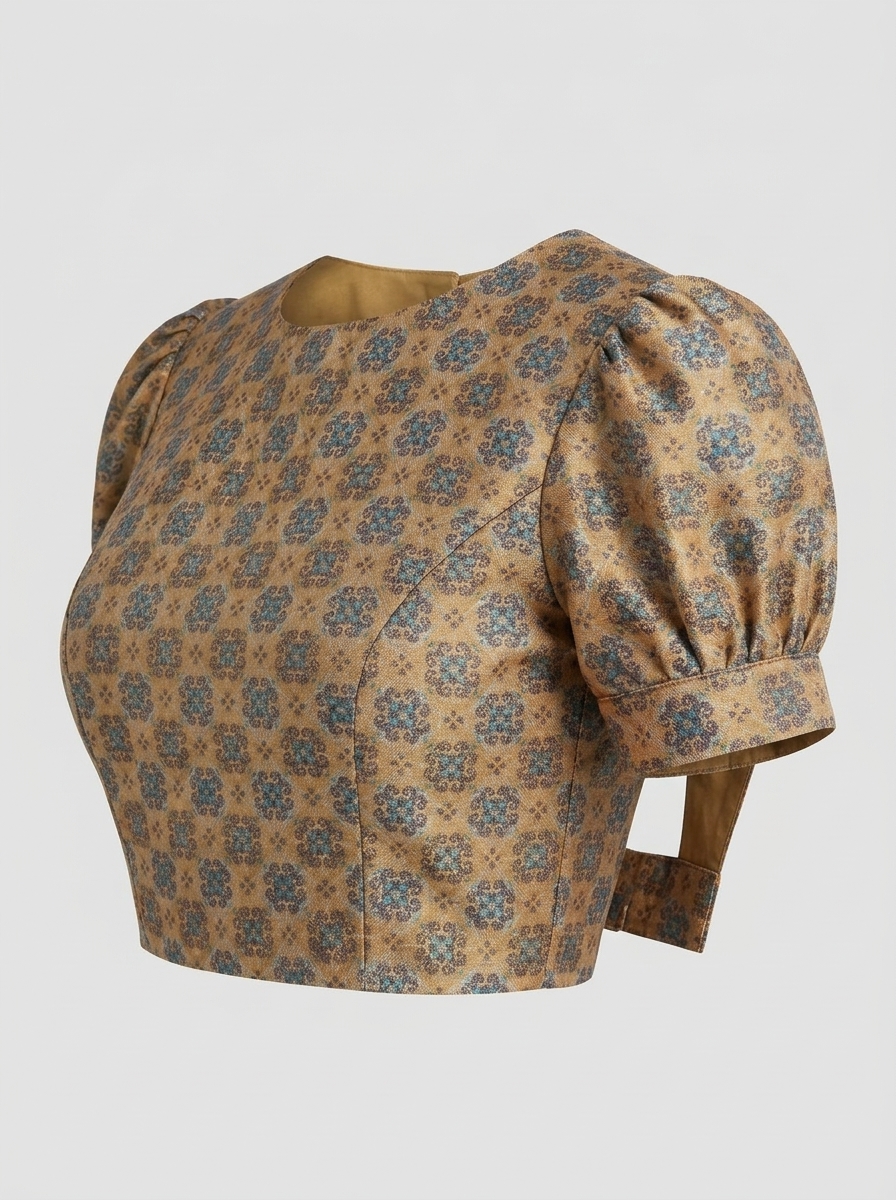 Side profile showing back band closure and tailored bust darts on brocade saree blouse