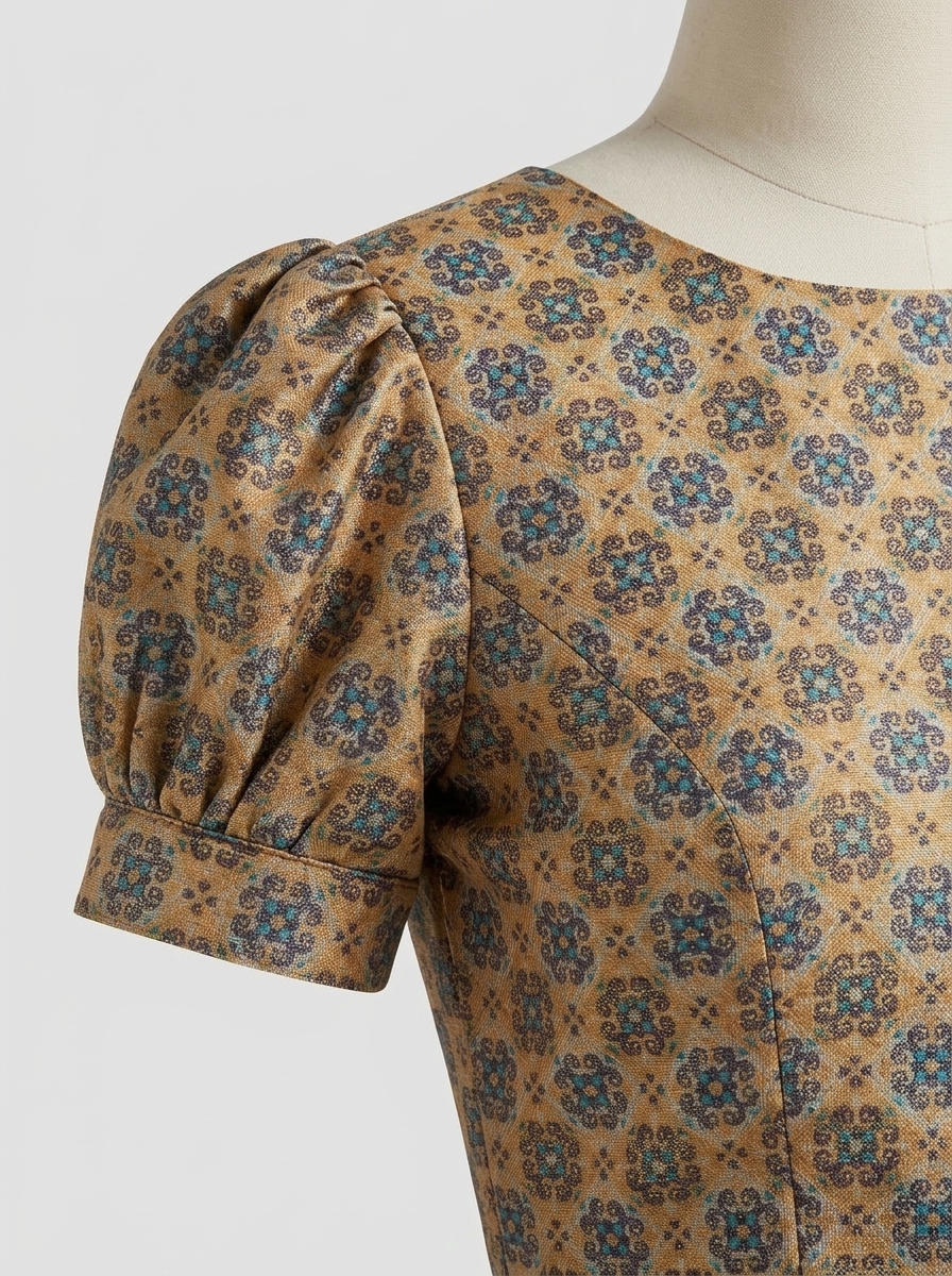 Close-up of gathered puff sleeve and intricate teal floral jacquard motif on ochre base