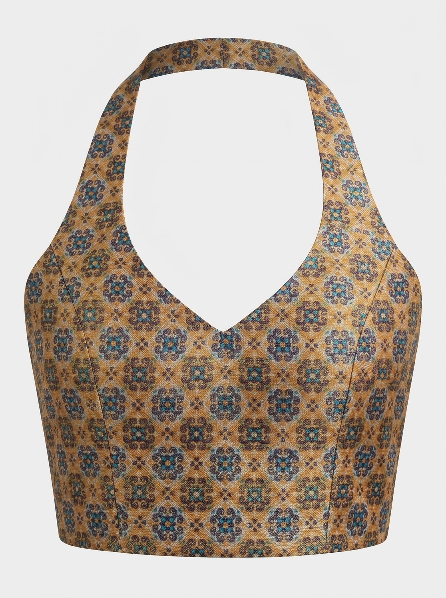Front view of a mustard and teal geometric patterned halter neck saree blouse with a deep V-neckline