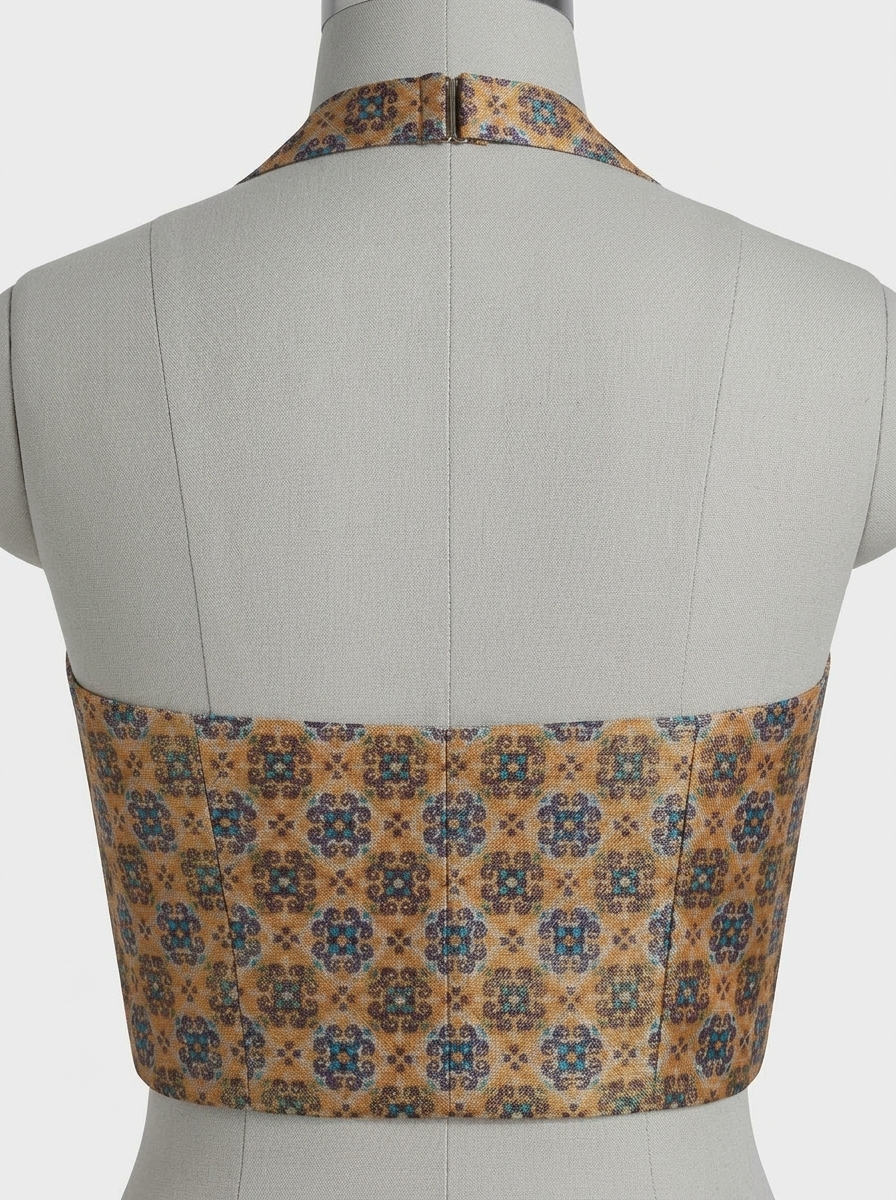 Back view of the patterned halter saree blouse showing the open back detail and neck hook closure