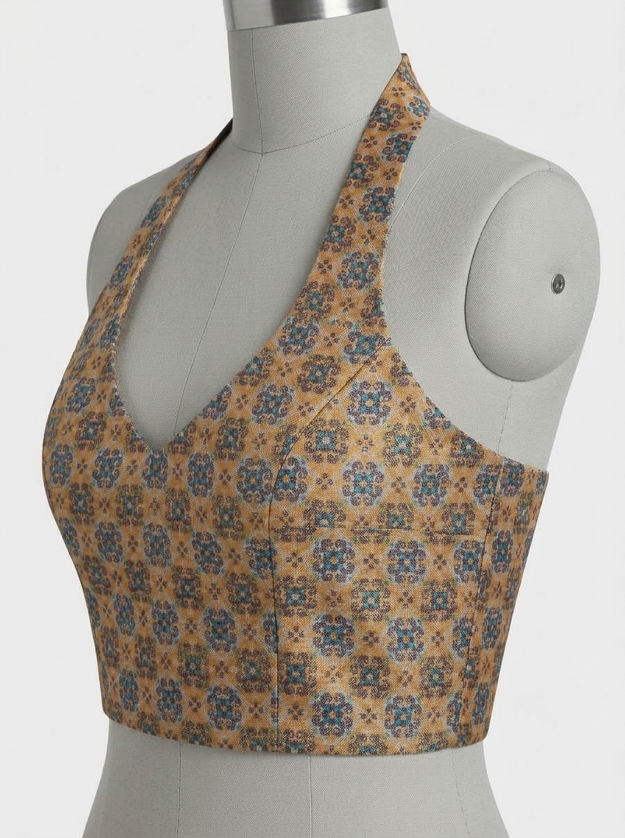 Three-quarter front view of the structured halter neck saree blouse on a mannequin highlighting princess seams