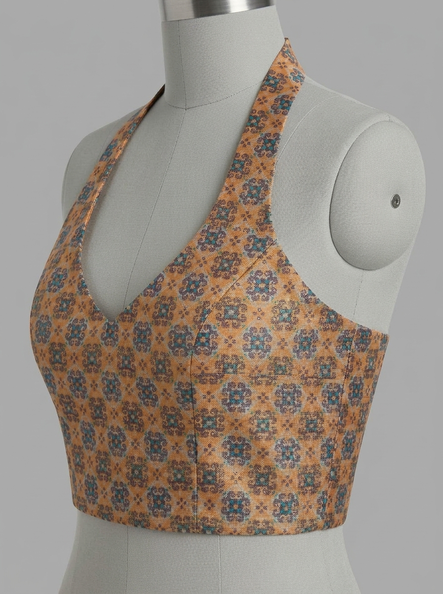Side perspective view of the fitted gold and indigo motif halter blouse