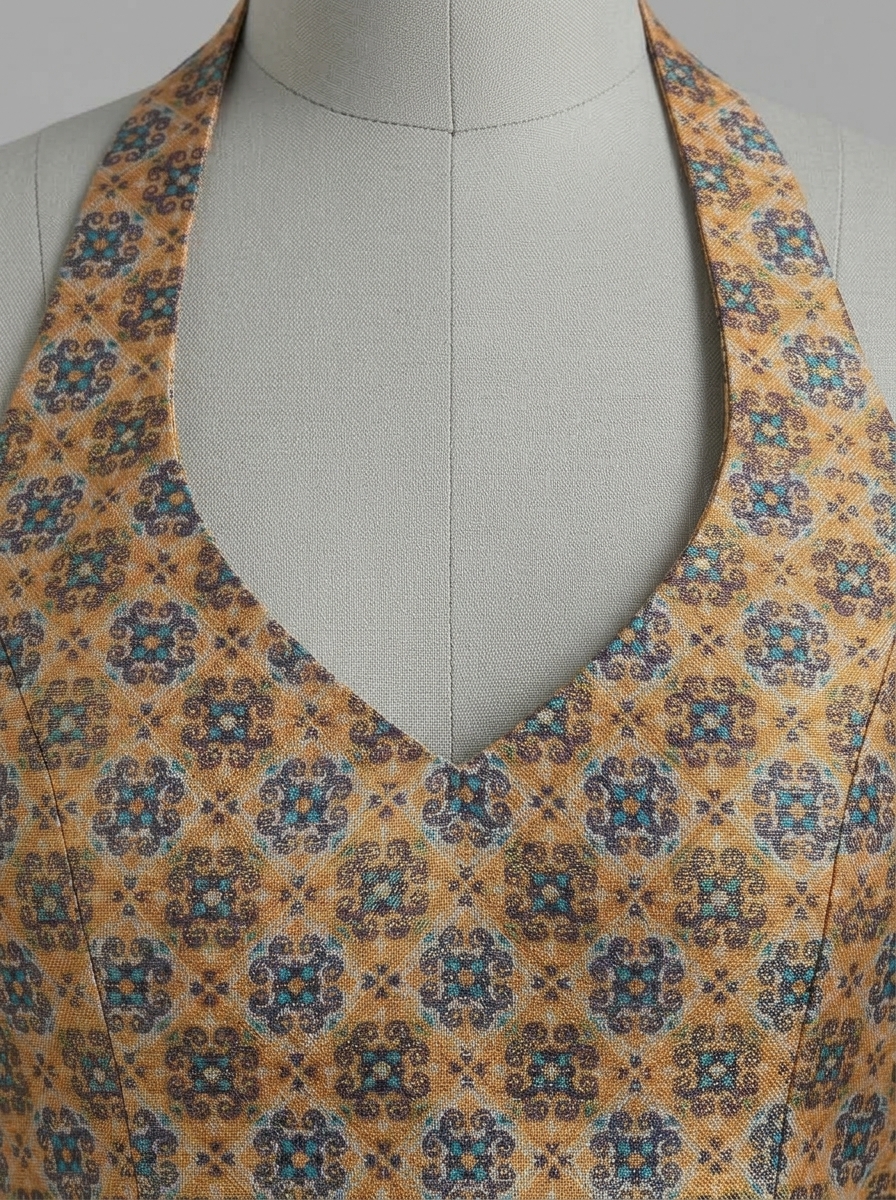 Close-up of the V-neckline and intricate woven floral tile pattern on the saree blouse