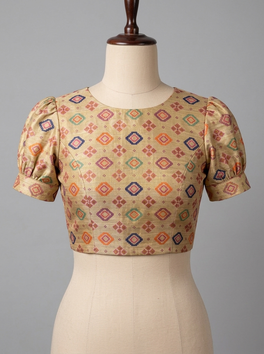 Front view of beige art silk high neck saree blouse with puffed sleeves and multi-coloured geometric woven motifs on a mannequin.