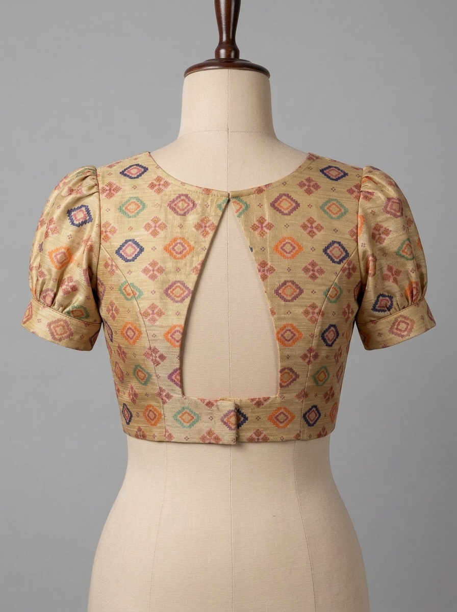 Back view of beige saree blouse displaying a cutout open back silhouette and back hook fastening on a mannequin.