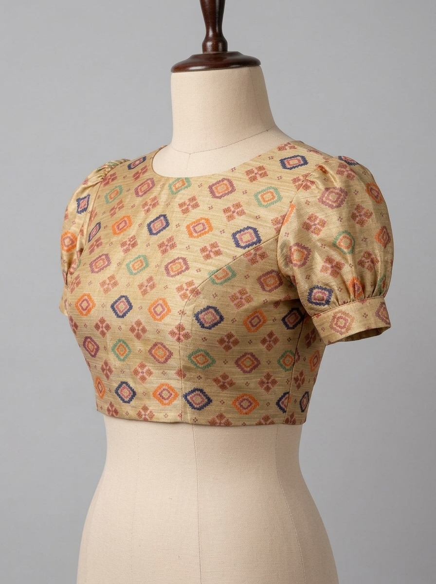 Front three-quarter angle of beige woven puff sleeve saree blouse showcasing bust darts and sleeve cuff detailing.
