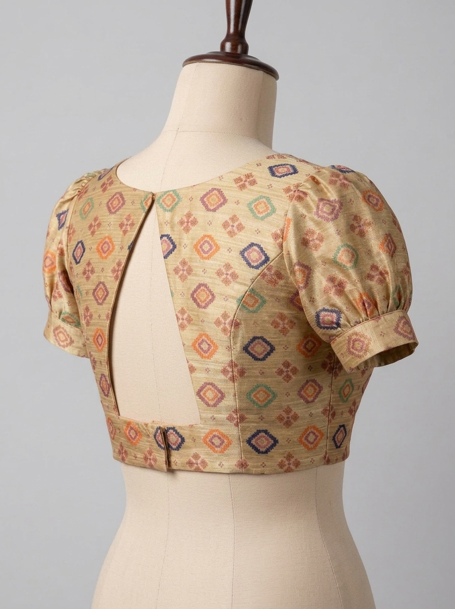 Rear three-quarter perspective showing open keyhole cutout back design and short puffed sleeves of the saree blouse.