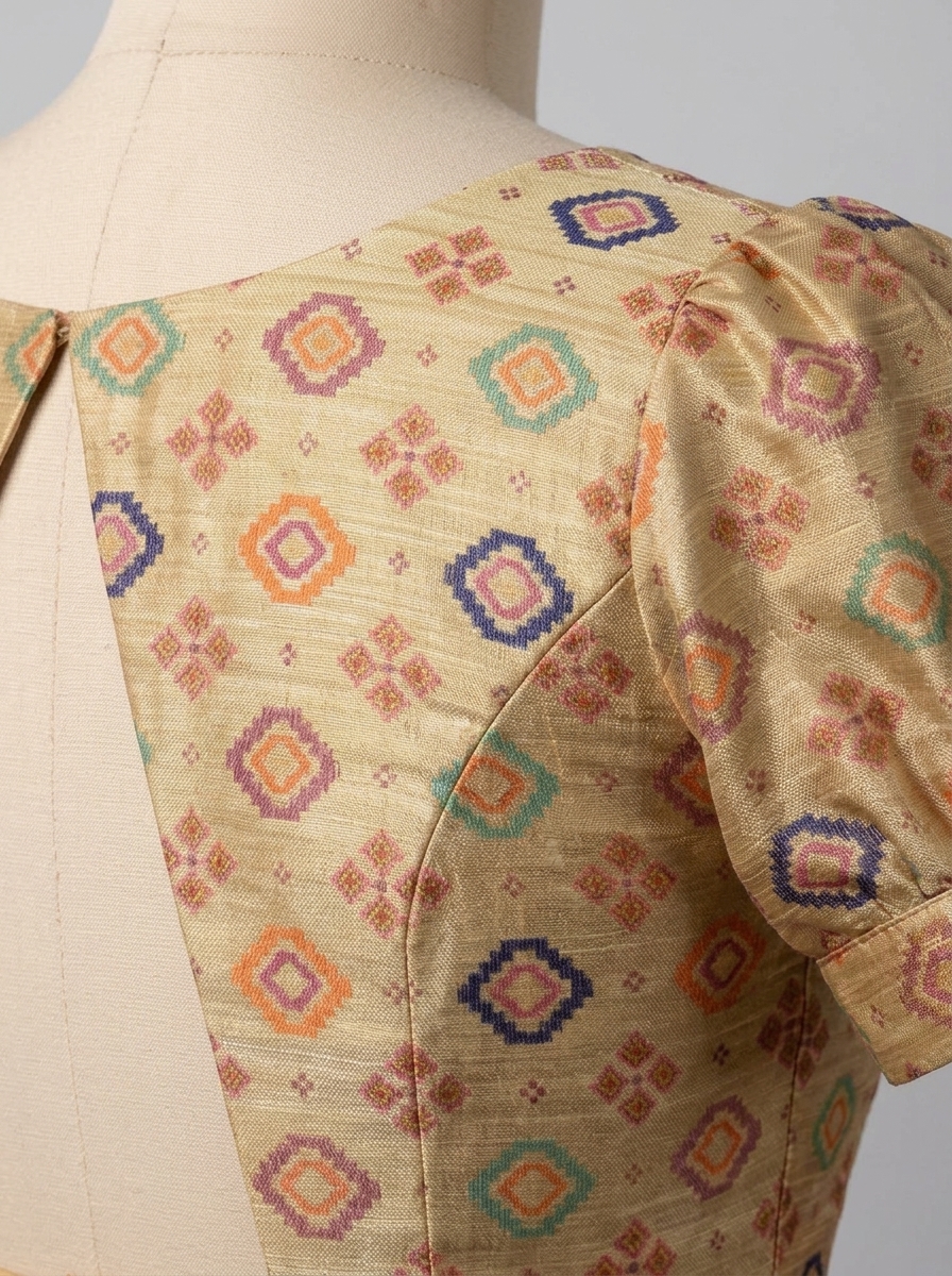 Close-up detail of the woven geometric pattern, stitch finish, and open back cutout piping on the beige art silk blouse.