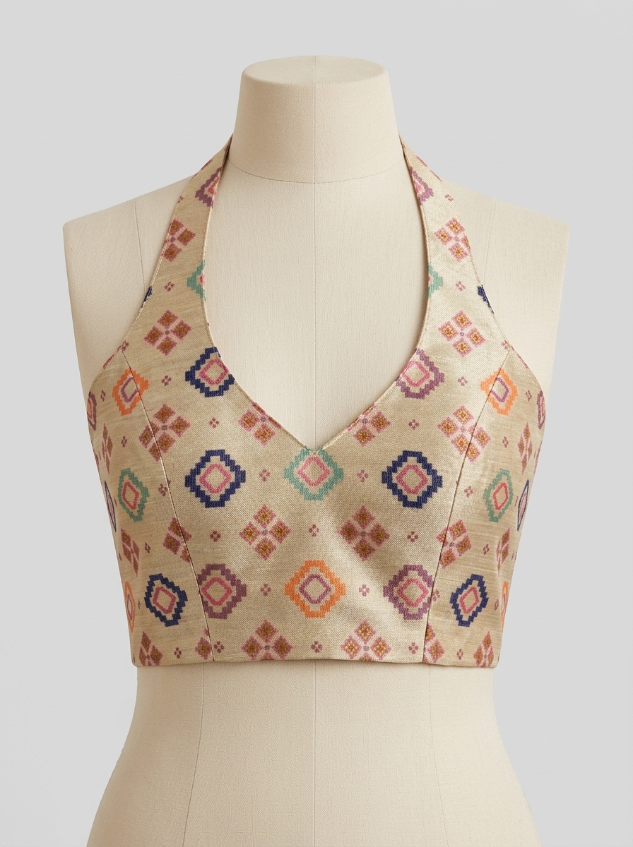 Front view of beige silk halter neck saree blouse on mannequin with multi-coloured geometric pattern and princess seams