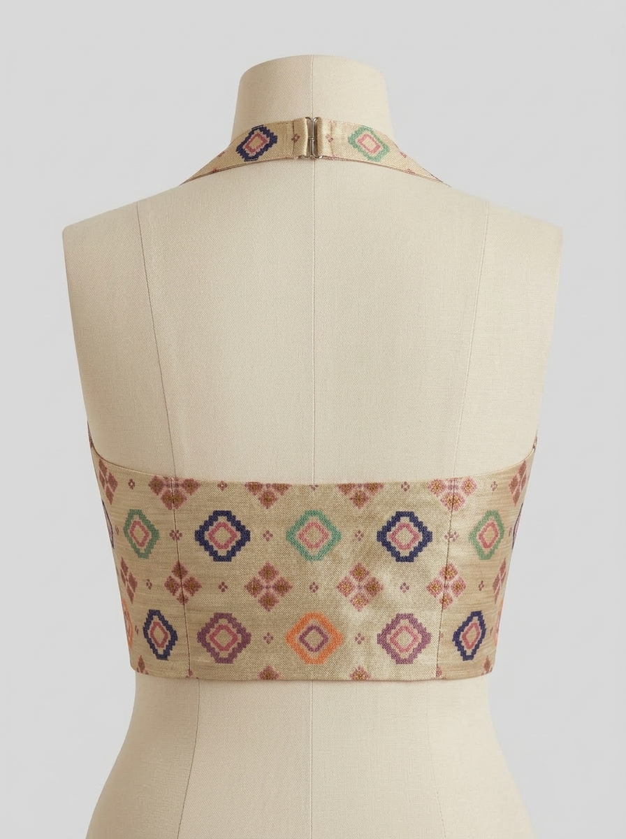 Back view of beige silk halter neck saree blouse on mannequin showing hook-and-eye back strap fastening
