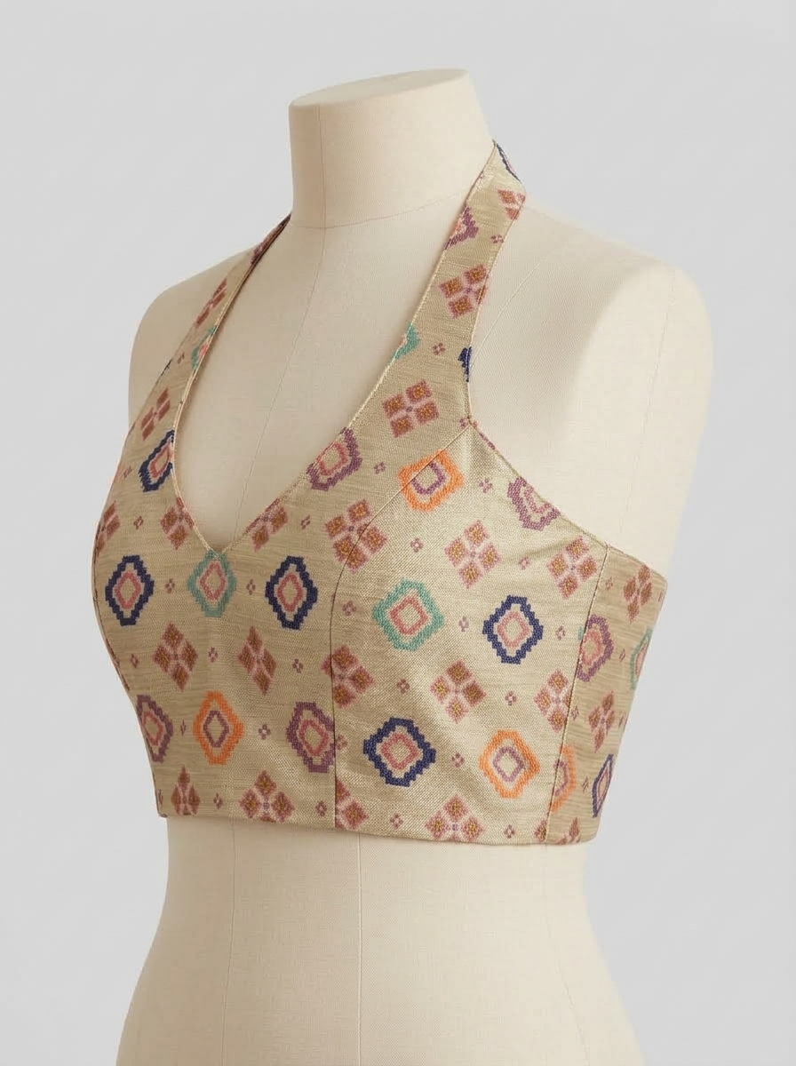Three-quarter view of beige halter neck saree blouse highlighting structured bust seams and V-neckline