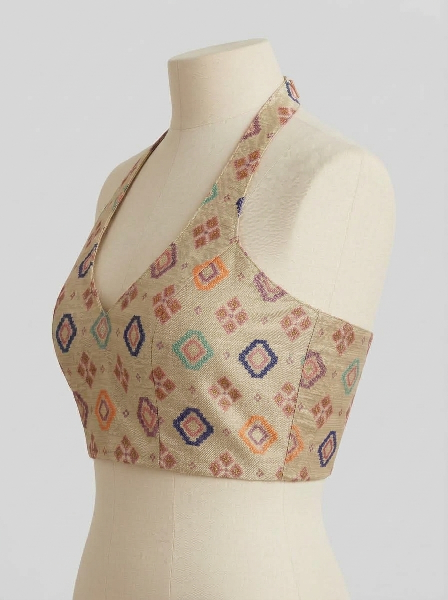 Side angle view of beige silk halter neck saree blouse showing fitted side silhouette and back band