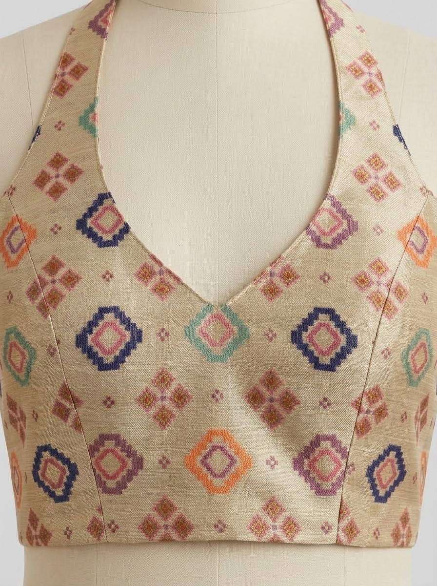 Close-up of beige woven silk blouse fabric detailing colourful geometric diamond motifs and V-neck stitching