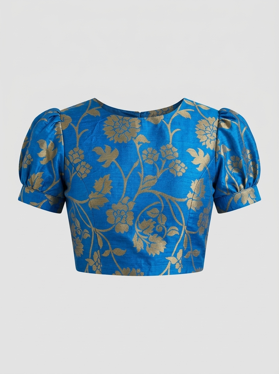 Front view of electric blue and gold brocade saree blouse with high neck and puffed sleeves
