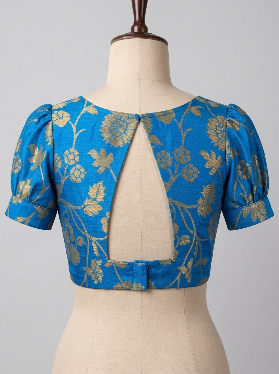 Back view of blue brocade saree blouse on mannequin showing geometric open back cutout