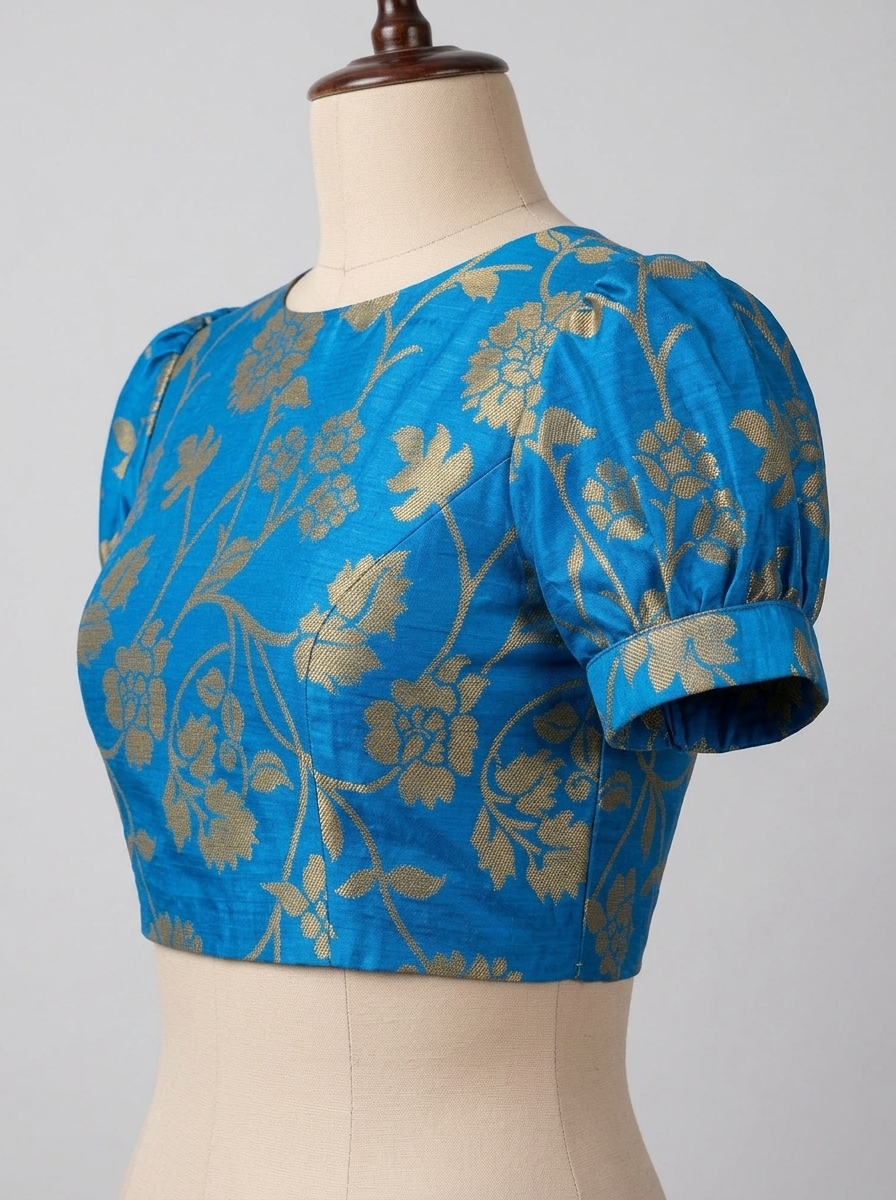 Left three-quarter view highlighting puffed short sleeves on electric blue saree blouse
