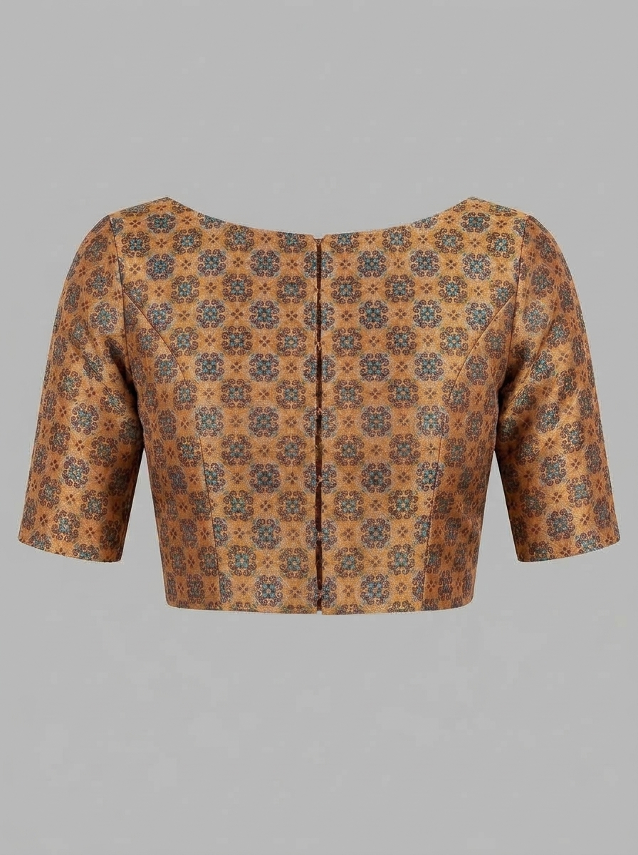 Back view of gold brocade blouse displaying potli button central closure