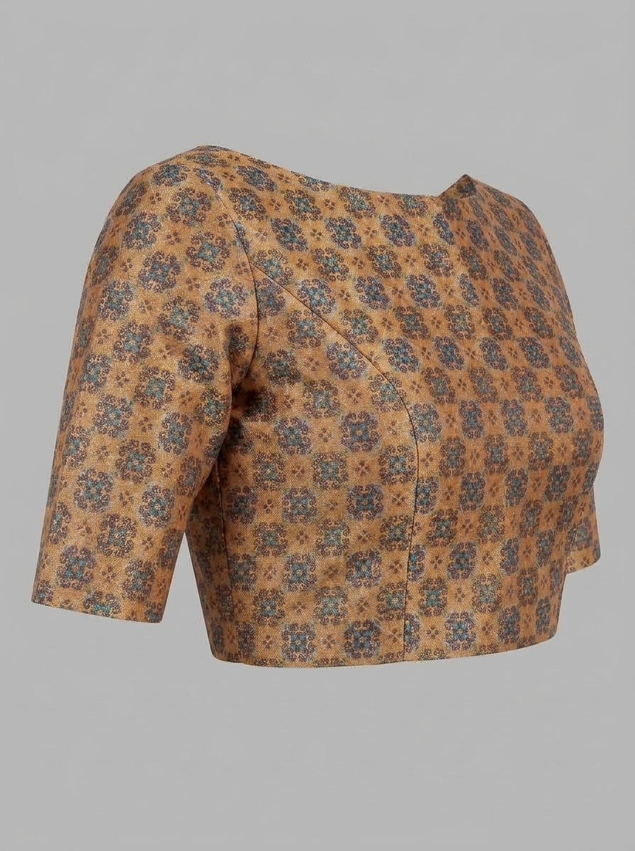 Three-quarter view showcasing structured boat neck and metallic brocade weave