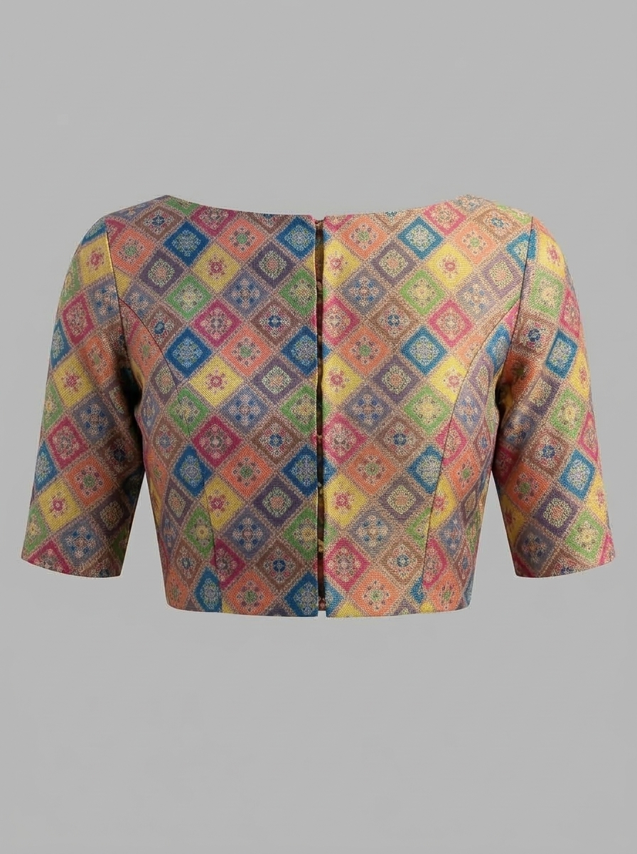 Back view of the multi-coloured brocade saree blouse showing the central hook-and-eye closure and boat neckline.