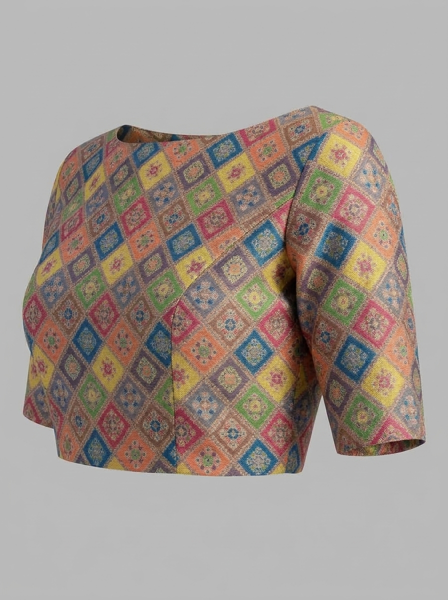 Left three-quarter angle view showing the sleeve structure and vibrant woven pattern of the silk brocade blouse.