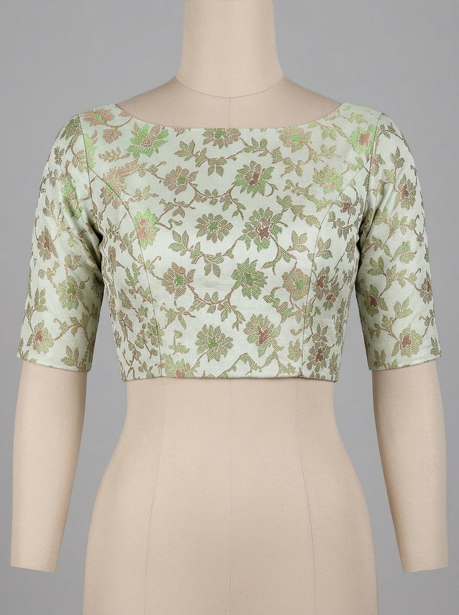 Front view of a sage green Banarasi art silk saree blouse featuring a classic boat neckline and woven floral brocade pattern.