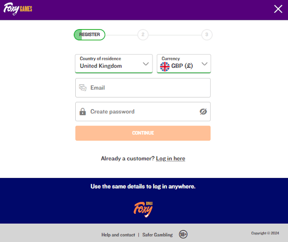Foxy Games Sign Up Form