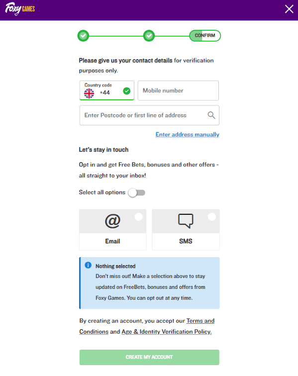 Foxy Games Sign Up Details