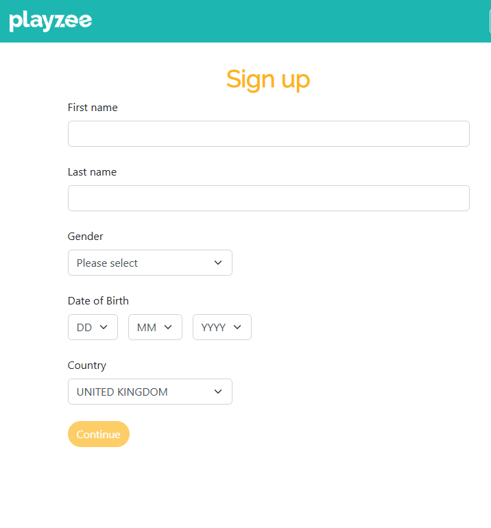 Playzee Sign-Up form