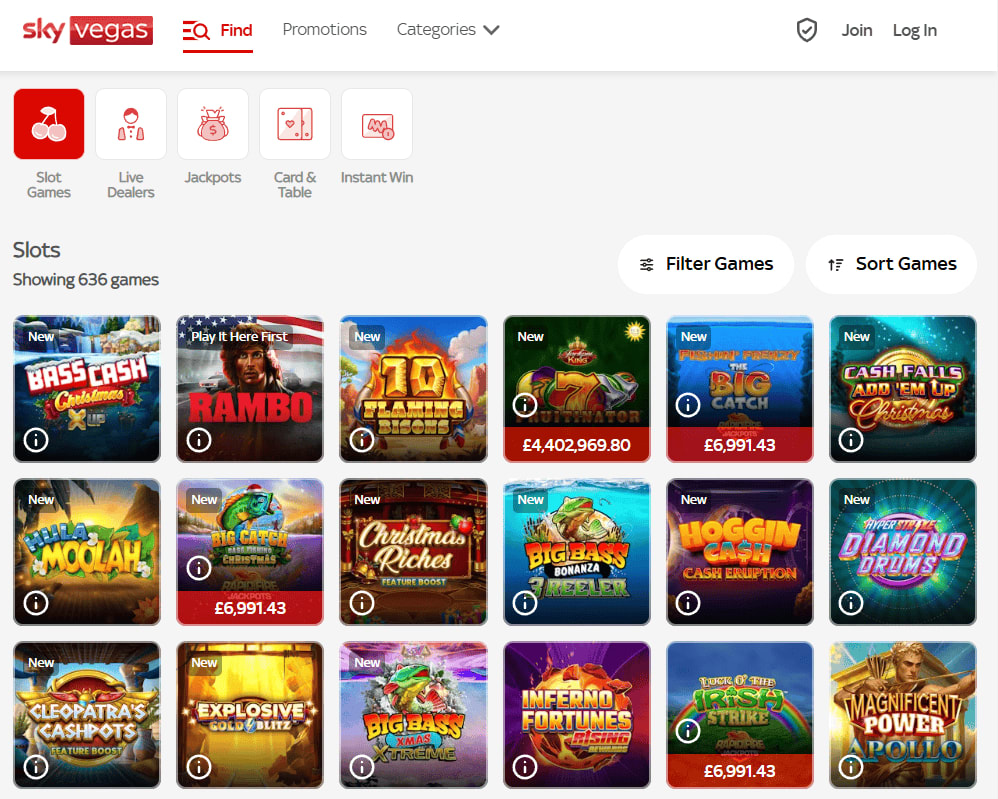 Sky Vegas slots library