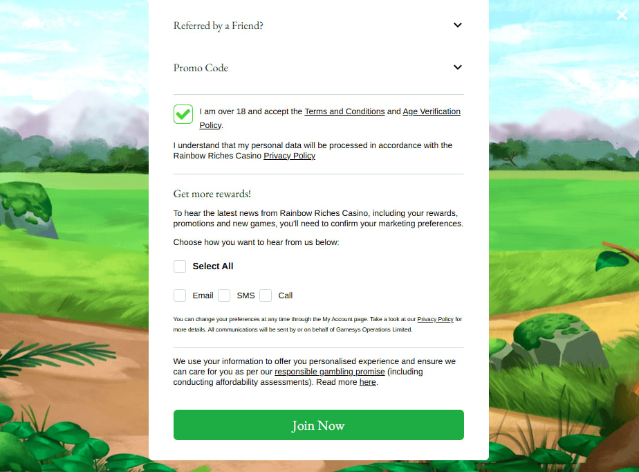 Rainbow Riches casino sign up form