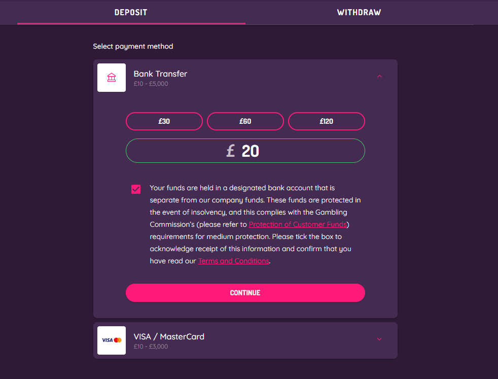 Pink Casino bank transfer deposit example