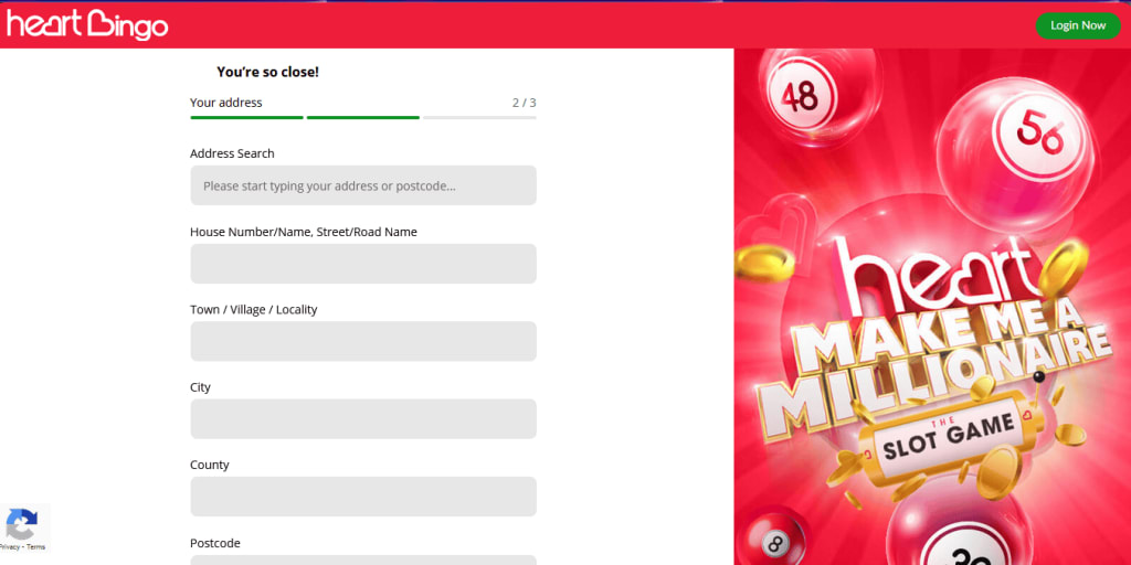 Heart Bingo sign up - step two