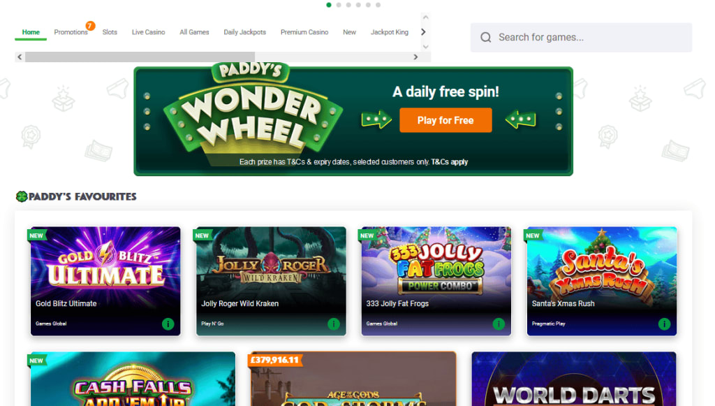 Paddy Power casino navigation