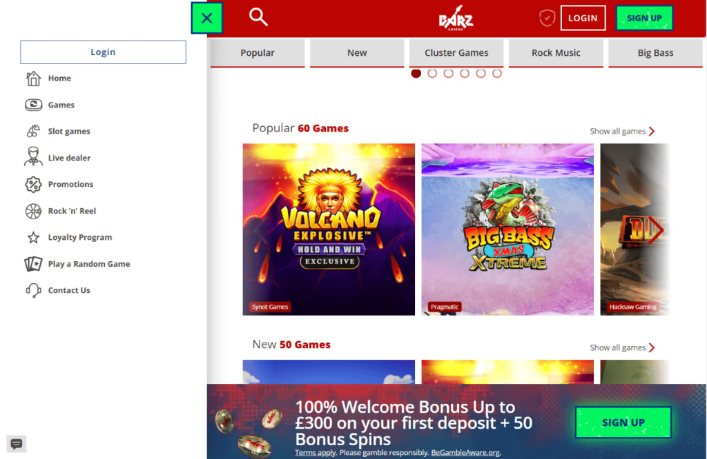 Barz Casino Navigation