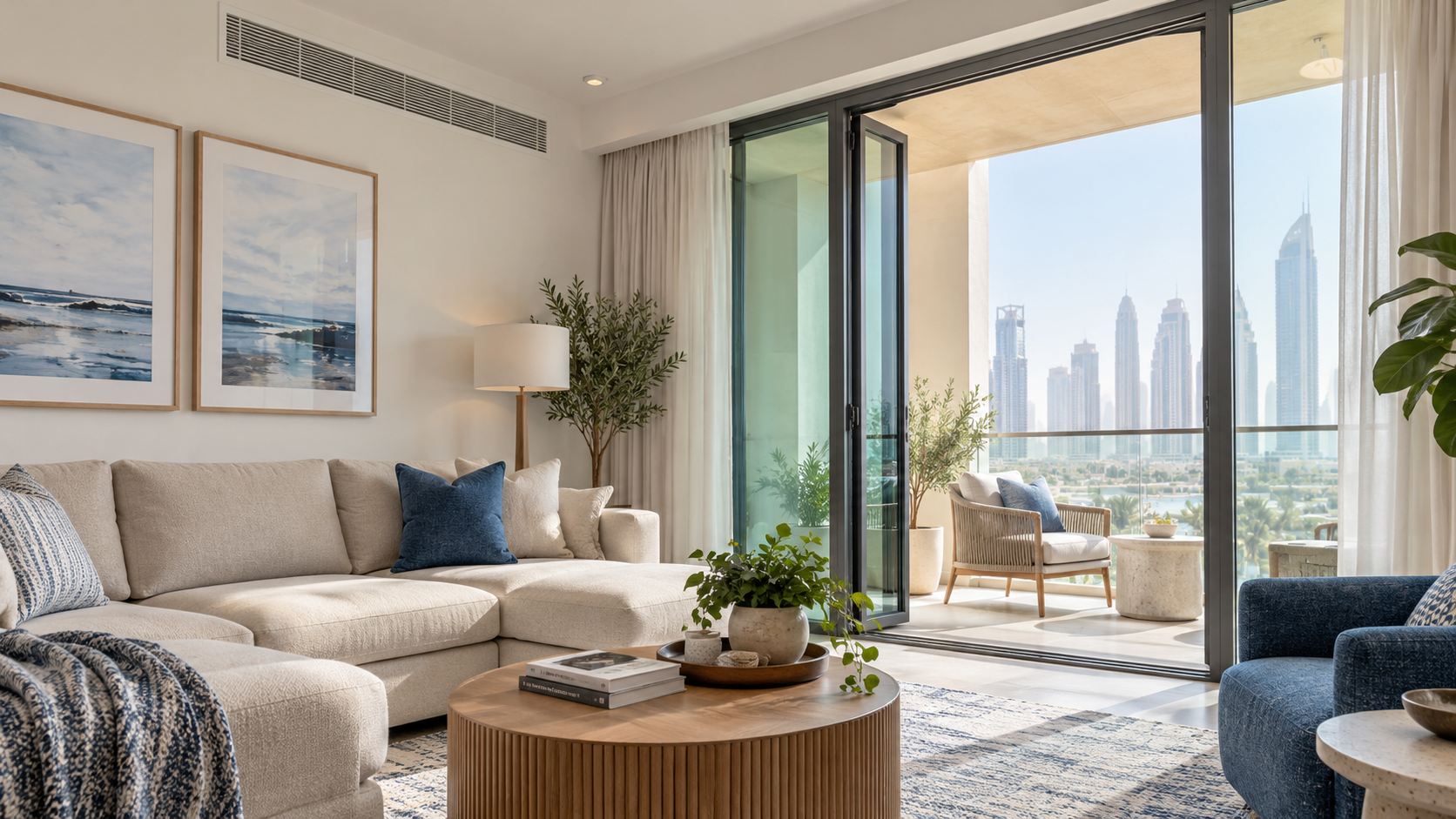 Bright living room with a ceiling ventilation grille and an open balcony door.