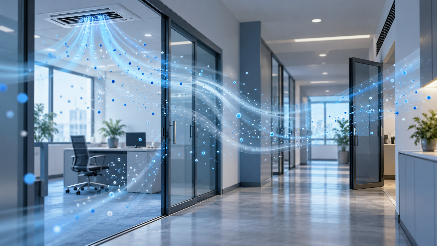 Office corridor with air conditioning airflow carrying tiny particles between indoor areas