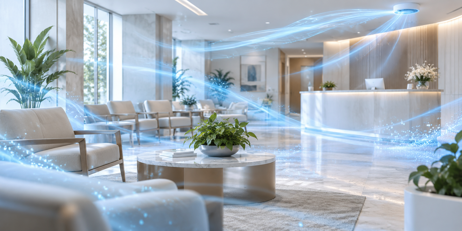 Modern healthcare waiting room with soft blue purification airflow moving across air and surfaces