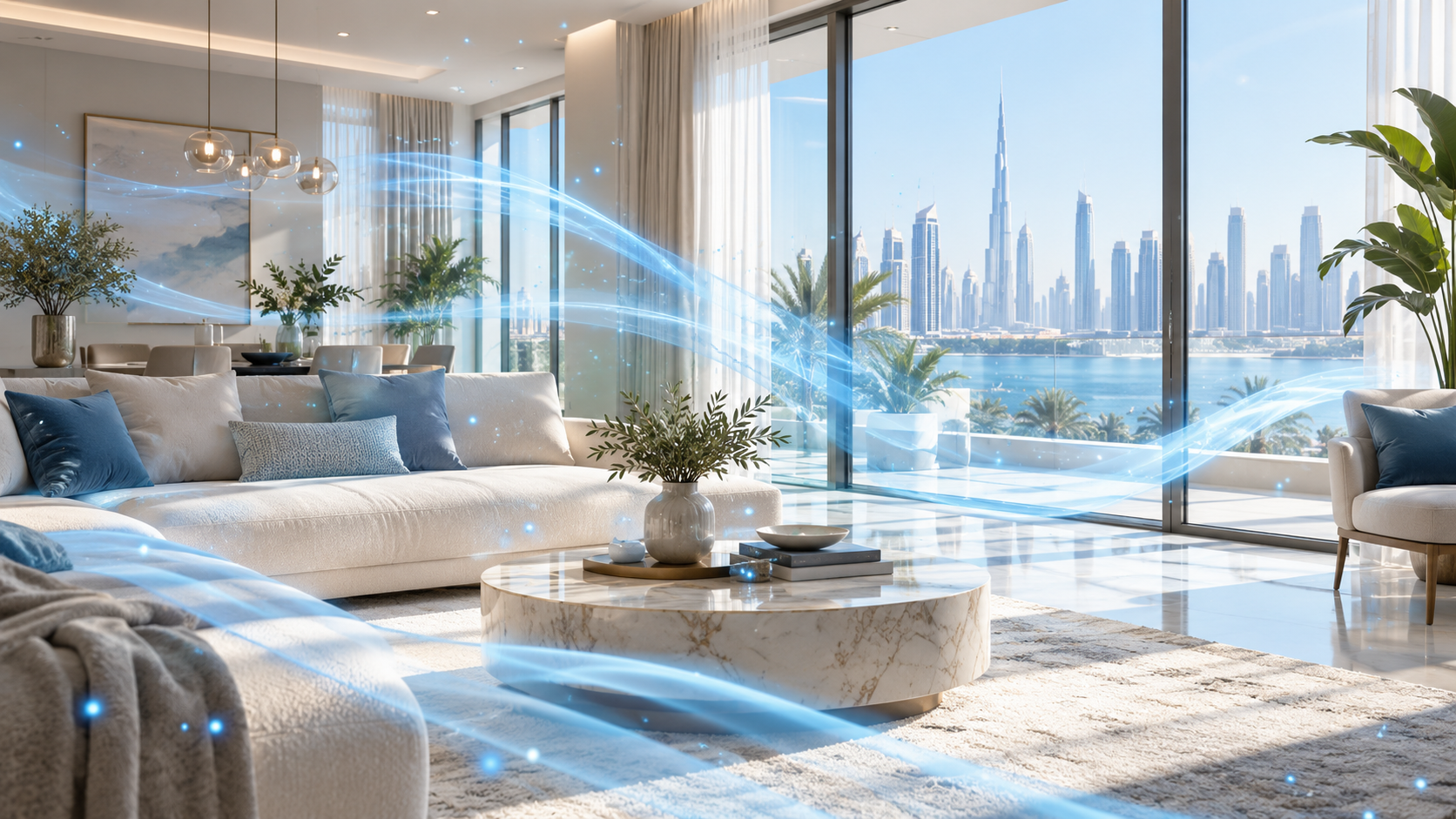 Modern indoor space with subtle blue airflow and microscopic particles representing airborne pathogens